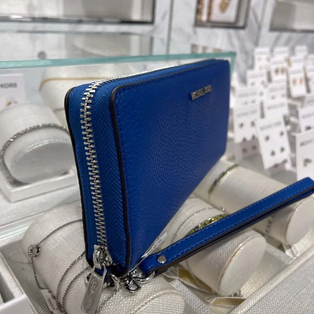 MICHAEL KORS Lg Pebbled Leather Continental Wallet Wristlet Phone Galaxy Blue